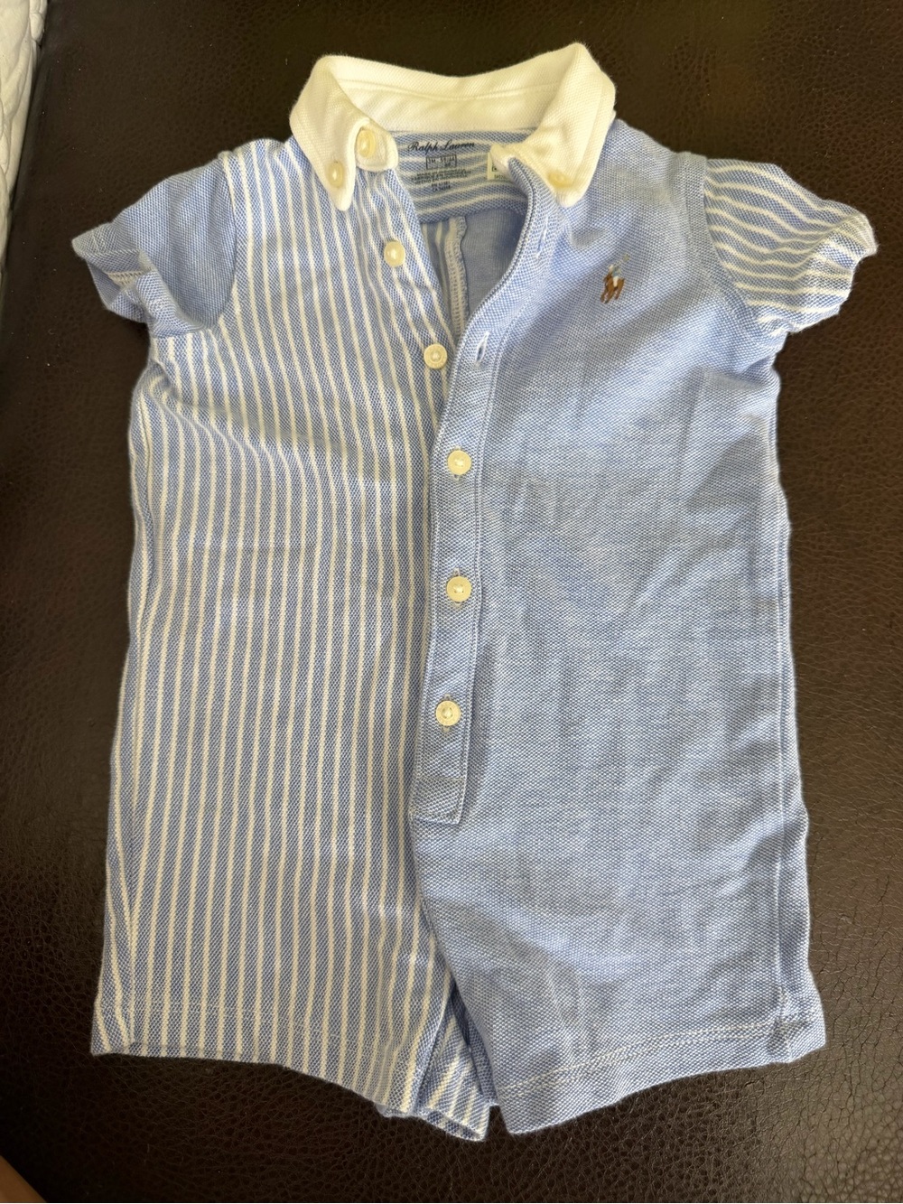 Ralph Lauren Light Blue & White Striped Baby Polo Romper